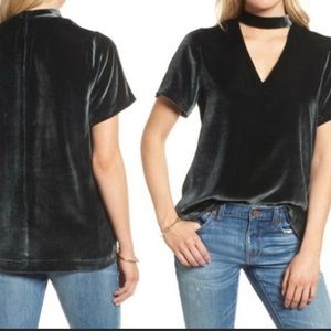 Madewell women’s gray velvet V-neck choker blouse tops
